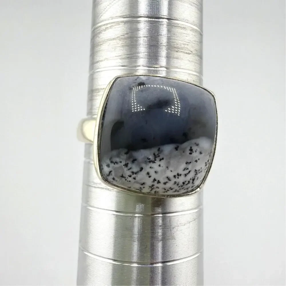 Cushion Cut Dendritic Opal Sterling Silver Ring Artisan Jewelry 9